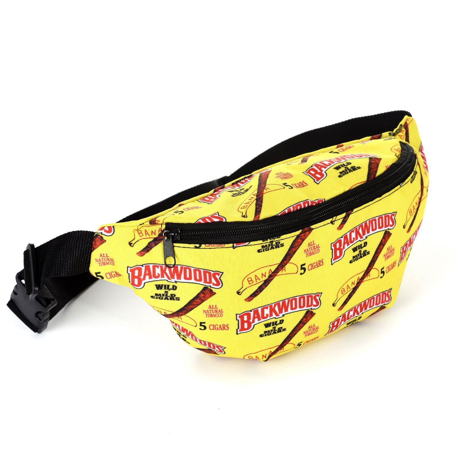 yellow fanny pack with black detail and "backwoods" in red
