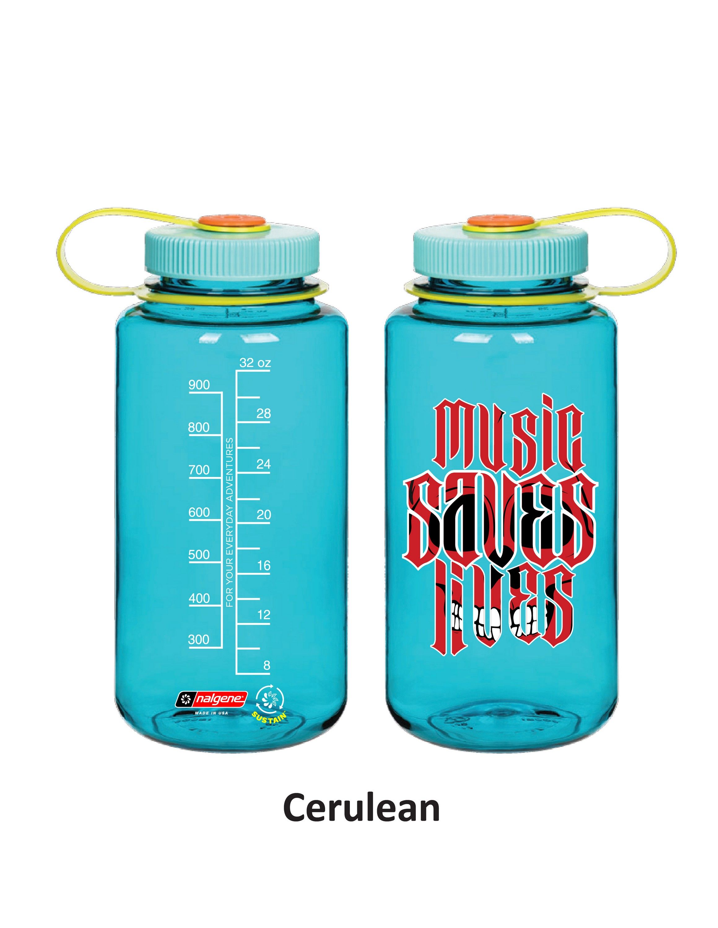 blue water bottle with "music saves lives" in red
