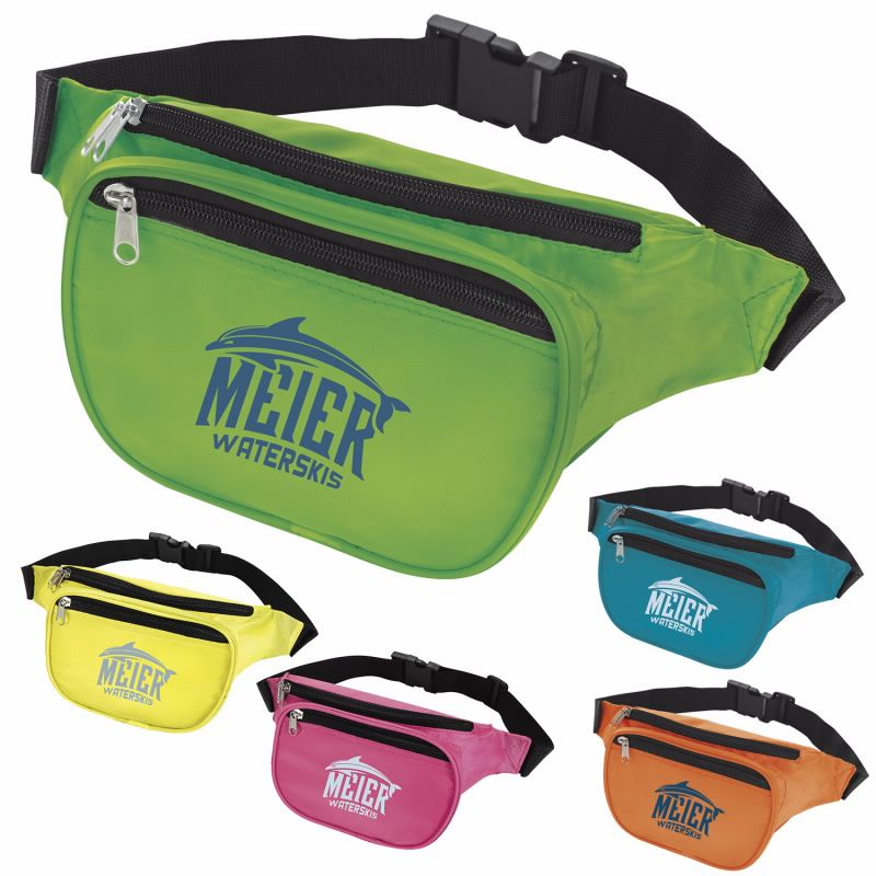 neon green, neon yellow, neon blue, neon pink, and neon orange fanny back with black details and "meier waterskies" imprinted on it