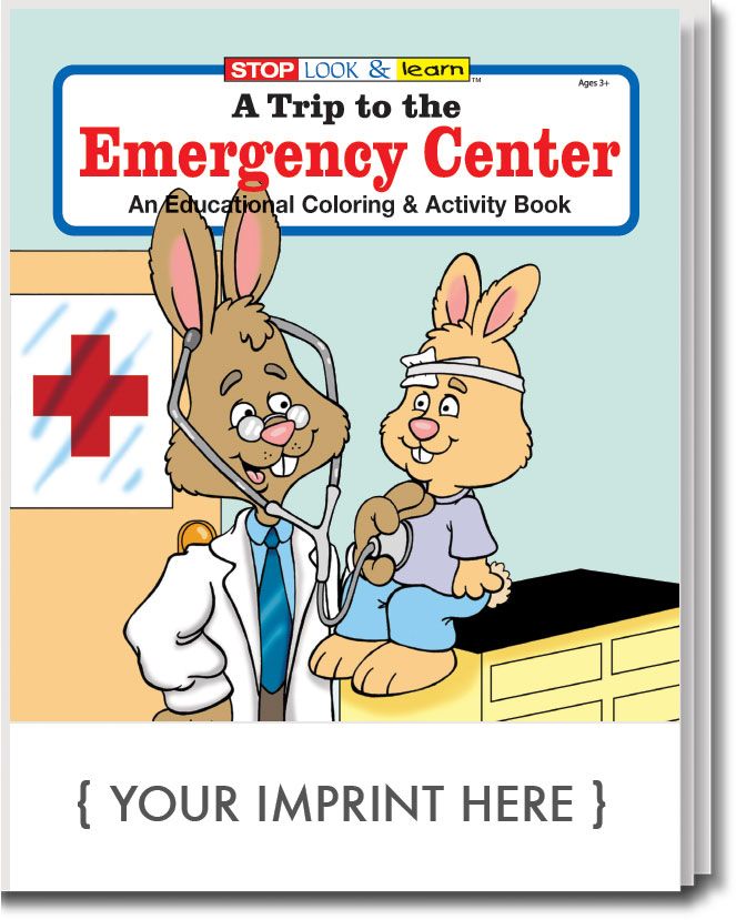 coloring book with two bunnies one a doctor and one a kid "a trip to the emergency clinic an educational color & activity book"  imprinted on the front
