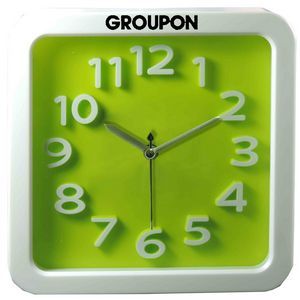 white alarm clock with white numbers on a lime green background and "groupon" on the front 