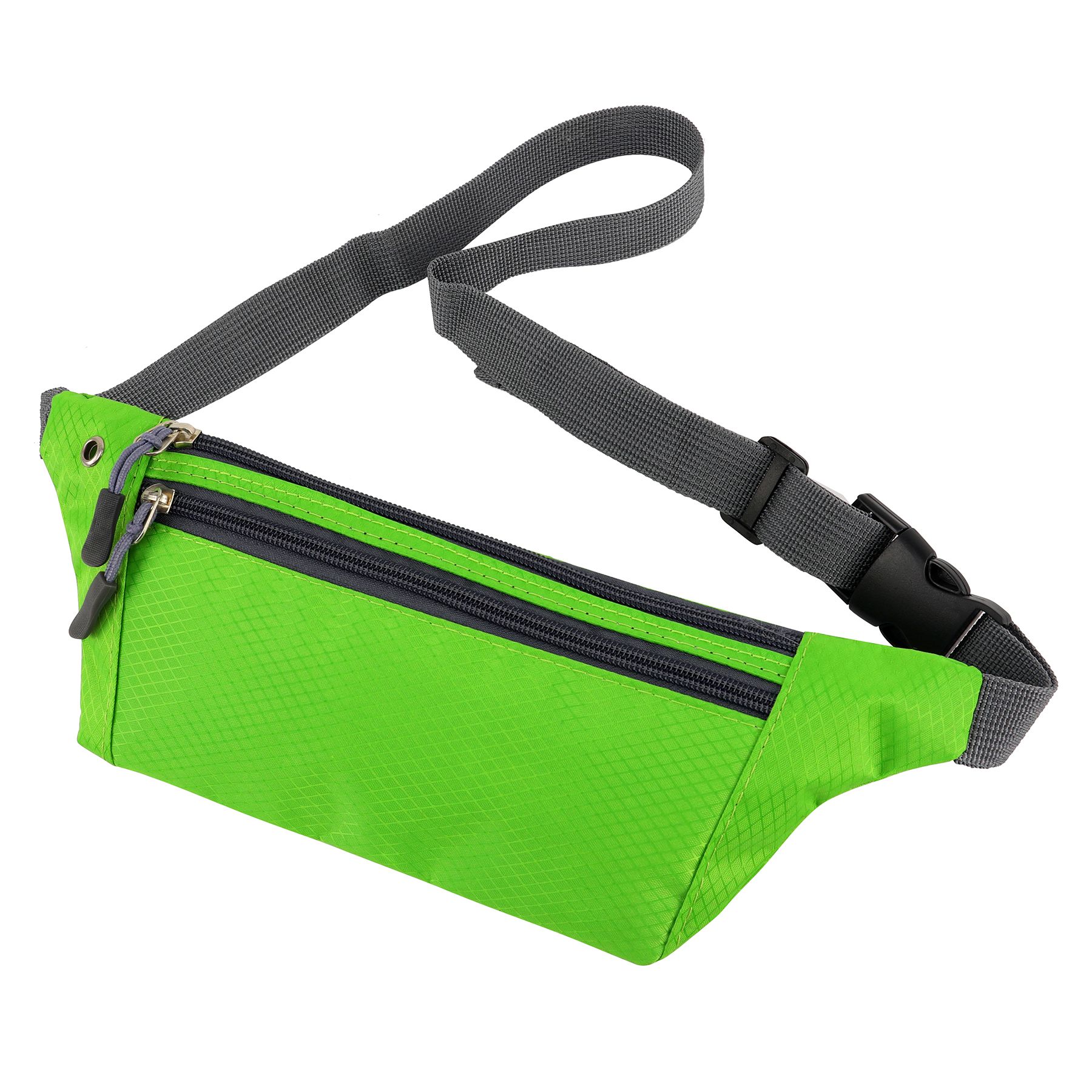neon green fanny pack with three zippers and black belt