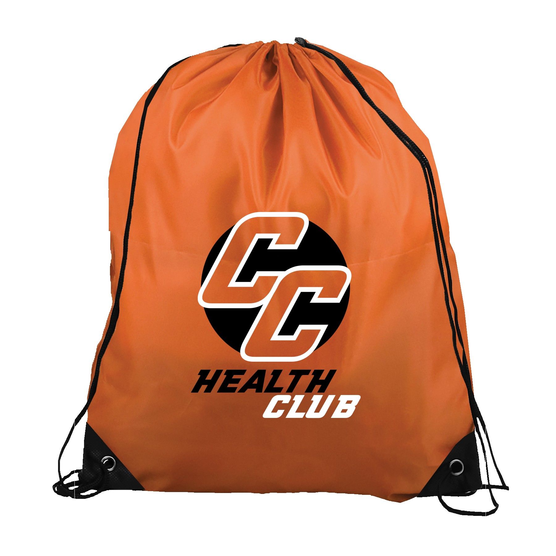 Orange drawstring backpack with branding