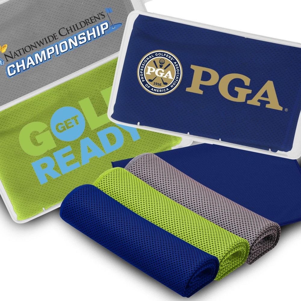 Two cooling towels with PGA branding, cooling towels rolled up