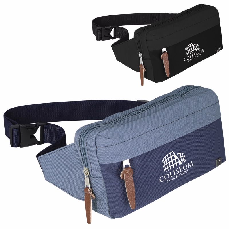 light blue and black fanny packs with leather zippers
